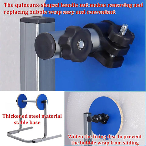Close-up of Adjustable Shipping Station Stand Tabletop Bubble Wrap Dispenser Metal, featuring quincunx handle for easy bubble wrap replacement.