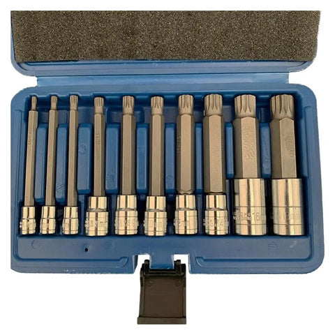 Premium 10 Pc Impact Socket Set With Spline Wrench Heads In 1 4 3 8 And 1 2 Inch Sizes Featuring Heavy Duty 12 Point Teype Design For Rusted Bolts Plus Torx Bits For Major Auto Projects. Blue case with 10-point impact bits and sockets