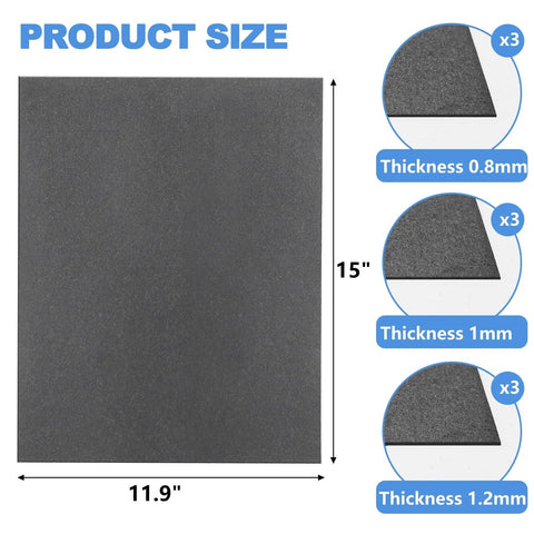 Peohud gasket paper sheets, front view, 9 pcs, 15 x 11.9 in, 0.8/1.0/1.2 mm thick, non-asbestos automotive gasket material