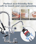 Commercial Wall Mount Kitchen Faucet With Pre Rinse Sprayer 21 Inch Height 8 Inch Center 10 Inch Add On Swing Spout