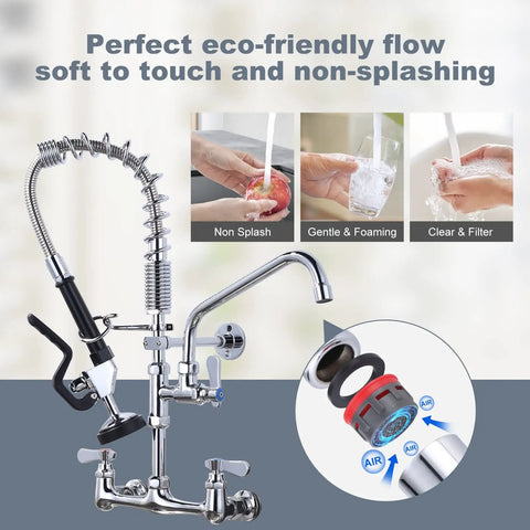 Commercial Wall Mount Kitchen Faucet With Pre Rinse Sprayer 21 Inch Height 8 Inch Center 10 Inch Add On Swing Spout