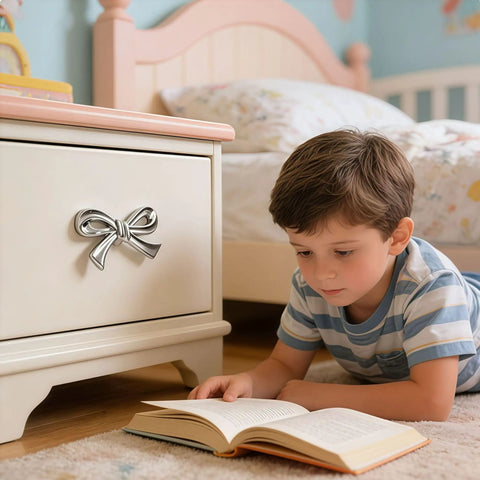 Boy reading near dresser with Pink And Silver Bow Dresser Knobs For Kids Rooms, Zinc Alloy 3D Decorative Drawer Pulls