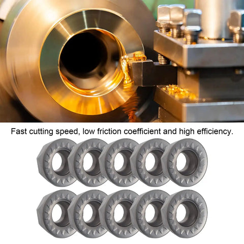 Ten-Piece Carbide Turning Inserts Set For CNC Lathe, Indexable Solid Carbide Inserts RPMT1204MOE-JS, machined material surface.