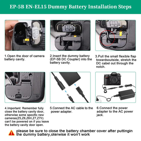 Installation steps for EN-EL15 Dummy Battery and Power Supply Kit for Nikon Cameras with EP-5B AC Adapter compatibility guide.