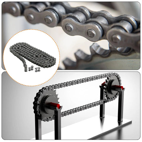 Close-up and installed view of One Quarter Inch Pitch Roller Chain, Three Feet Long, 144 Links, Carbon Steel With Two Free Master Links