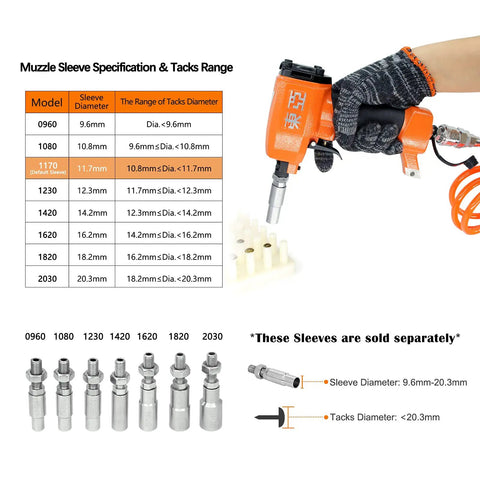 Chart and image of 1170 Pneumatic Decorative Nailer for upholstery tacks, showing sleeve specifications and use.