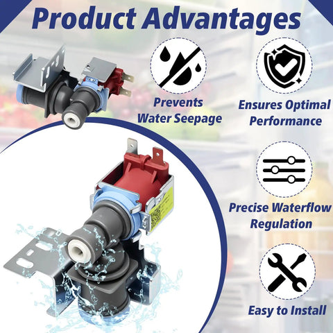 Refrigerator Ice Maker Water Inlet Valve Replacement For Whirlpool Maytag Kenmore Compatible With W10420082 K78200 W10498974 PS11755667 Replaces Multiple Parts And Fixes Leaks And Ice Making Issues Easy Install, showing valve design and product advantages.