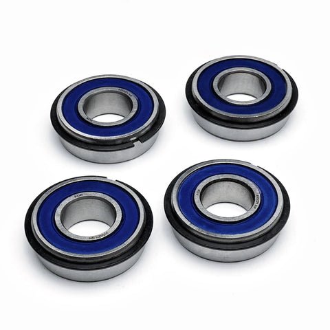 Four wheel bearings from the Beefed Up Stainless Steel Axle And Front Wheel Bearing Rebuild Kit For CZT Elite Maverick Revolt Stand-On ZT Avenger ZT Elite Mowers 022-7009-00 025-5202-00 Built For Tough Long-Lasting Performance on display