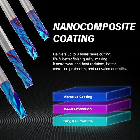 Beefy Compression Spiral CNC Bit 1/2 Inch Cutting Diameter with nanocomposite coating layers shown in diagram