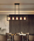 Five Light Farmhouse Kitchen Pendant Light In Black Industrial Rectangular Frame For Linear Island Dining Room With Clear Glass Shades