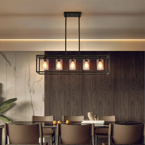 Five Light Farmhouse Kitchen Pendant Light In Black Industrial Rectangular Frame For Linear Island Dining Room With Clear Glass Shades