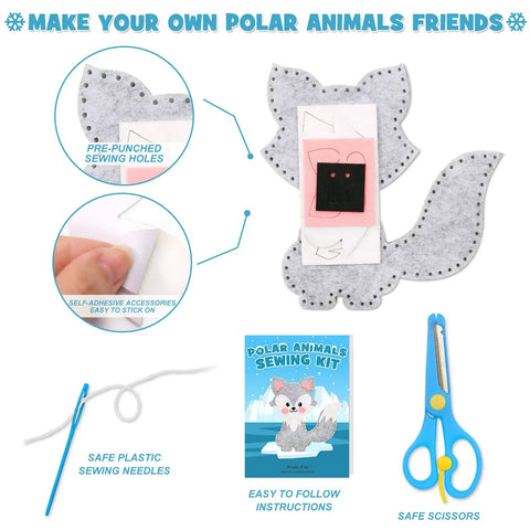 Polar Animals Sewing Kit For Kids Make Your Own Winter Felt Plush Toys With 14 Creative Projects For Beginner Crafters Fun Diy Educational Gift For Boys And Girls showing felt pieces, plastic needle, thread, scissors, and instructions.