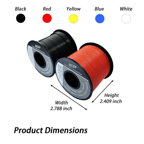 Spools of 18 Gauge Silicone Wire Set Red 100ft and Black 100ft, dimensions shown, for high temp up to 200 C usage.