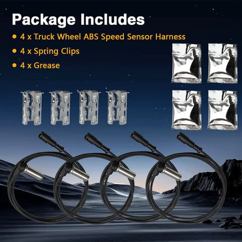 Premium Rig Ready Wheel Abs Speed Sensor Harness Built Legit For Volvo Freightliner Mack Paccar Peterbilt Kenworth And Navistar package contents including cables, clips, and grease.