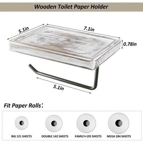 Side view of Rustic Wood Toilet Paper Holder With Shelf Easy Mount Wall Mounted Tissue Roll Holder With Black Metal Accents