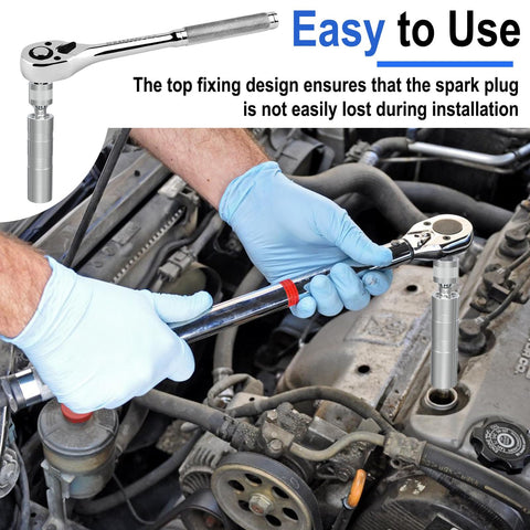Using 14mm And 16mm Spark Plug Socket Set Thin Wall Three-Eighths Inch Drive 12-Point Magnetic Swivel Sockets on car engine