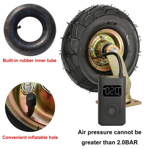 Heavy Duty Rubber Caster Wheels 8 Or 10 Inch Shock Absorbing Pneumatic Tires visible with built-in rubber inner tube and gauge.