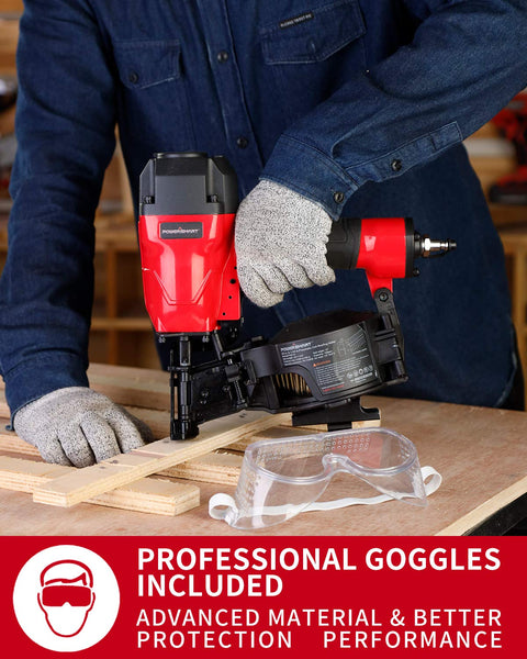 Person using 15 Degree Roofing Nailer Coil Kit With 120 Nail Magazine And 240 Nails, Includes Safety Goggles on wooden plank