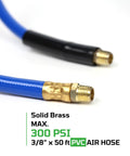 Close-up of 3/8 x 50 ft PVC air hose with solid brass fittings, max 300 PSI