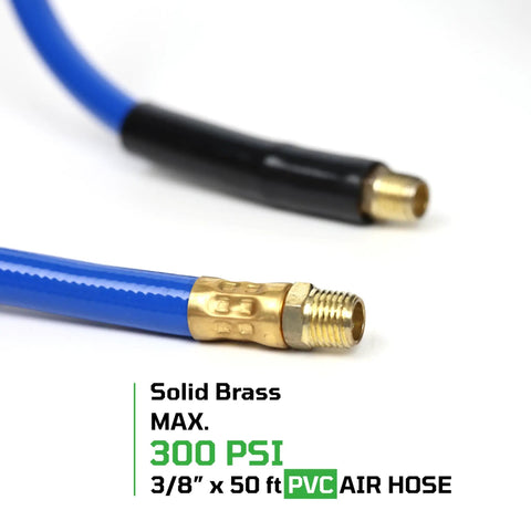 Close-up of 3/8 x 50 ft PVC air hose with solid brass fittings, max 300 PSI