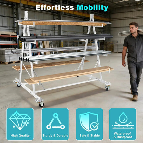 Five Tier Heavy Duty Mobile Lumber Cantilever Storage Rack On Wheels For Garage Workshop Shed Basement Holds Long Parts Up To 2000 Lbs 53 By 52 By 44 Inches in a warehouse setting with a person nearby.