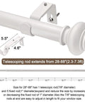 Diagram of a white finish adjustable curtain rod set for windows 28 to 88 inches with brackets and finials, dimensions labeled.
