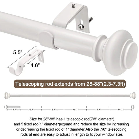 Diagram of a white finish adjustable curtain rod set for windows 28 to 88 inches with brackets and finials, dimensions labeled.