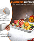 Six Pack Full Size Stainless Steel Steam Table Pans 2.5 Inch Deep Built For Big Batches Anti Jam Commercial Food Pans For Restaurants Catering And Food Storage 20.8 X 13 X 2.5 Inches With 51 Liter Capacity filled with colorful fruits on a kitchen counter.