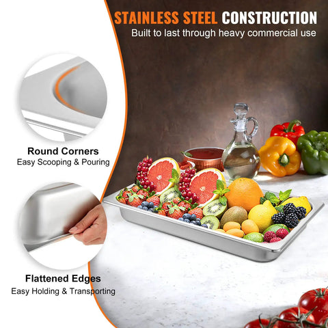 Six Pack Full Size Stainless Steel Steam Table Pans 2.5 Inch Deep Built For Big Batches Anti Jam Commercial Food Pans For Restaurants Catering And Food Storage 20.8 X 13 X 2.5 Inches With 51 Liter Capacity filled with colorful fruits on a kitchen counter.