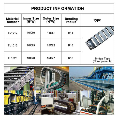 CNC Cable Drag Chain 10mm By 10mm Inner Size, 1 Meter Length Bridge Type Non Openable Black Plastic Wire Carrier Chain With End Connectors