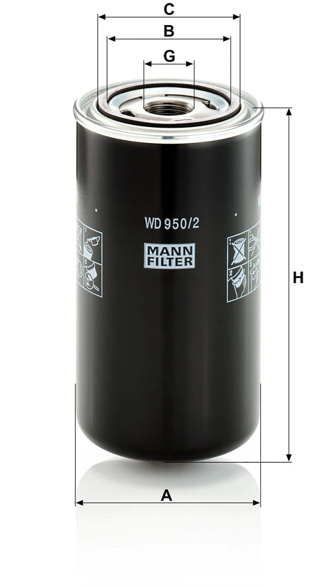 WD950/2 Spin On Hydraulic Filter Replacement For Heavy Equipment And Trucks, black canister with dimensions marked
