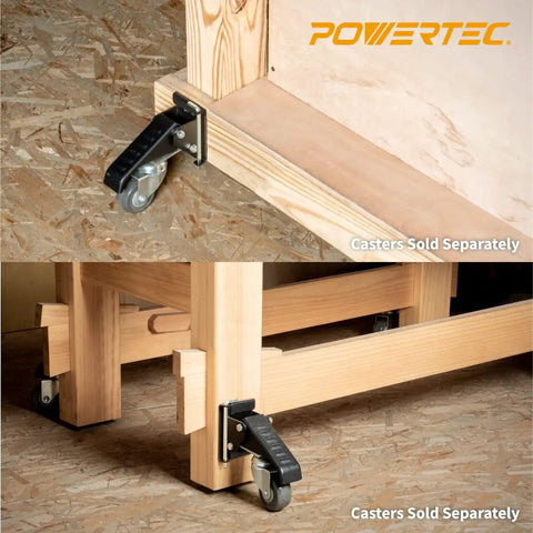 Four Pack Quick Release Workbench Caster Plates with Pins on wooden bench, casters sold separately.