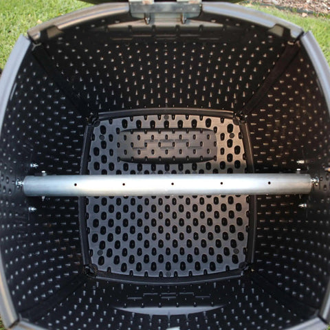 Interior view of Dual Compost Tumbler With Two 50 Gallon Chambers For No Fuss Turning Black Outdoor Garden Bin showing double wall design