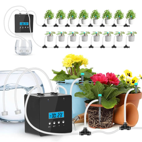Automatic Watering System For Potted Plants With Programmable Timer And Dual Self Priming Pumps Indoor setup with 20 pots