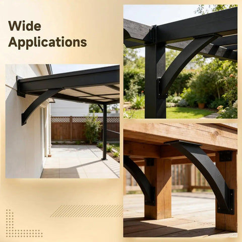 Heavy Duty 45 Degree Steel Angle Brackets For Wood Beams With Black Rustproof Finish Rock Solid Corner Supports Built Tight For Gazebos Pergolas Porches 12 Piece Pro Grade Builder Set installed on wood structures outdoors.