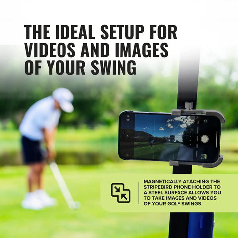Magnetic Golf Cart Phone Holder securely holds a phone for recording golf swings, featuring ultra strong Neodymium N52 magnets.