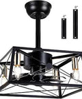 16 Inch Black Caged Ceiling Fan With Lights Remote Control showing trapezoid cage design and interchangeable downrods