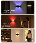 Rechargeable Motion Sensor Light Indoor, Magnetic RGB Wall Sconces 4 Pack displaying Always On, NIGHT, and DAY modes.