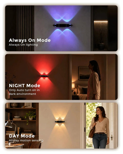 Rechargeable Motion Sensor Light Indoor, Magnetic RGB Wall Sconces 4 Pack displaying Always On, NIGHT, and DAY modes.