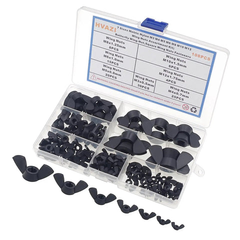 Metric Black Nylon Butterfly Wing Nuts Assortment Kit Features Seven Sizes From M3 To M12 with 108 pieces in a clear organizer.