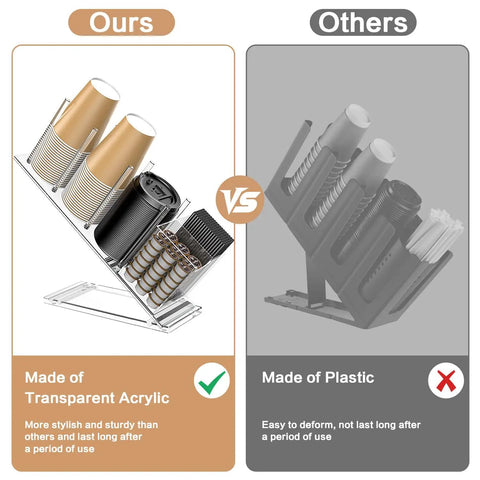 Comparison of clear acrylic cup and lid holder with straw organizer adjustable five compartment cup dispenser vs plastic model