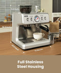 Dual Boiler Espresso Machine With Built In Grinder And 58mm Commercial Portafilter Barista Steam Wand 31 Grind Settings Stainless Steel Home Barista Ready Sterling Silver Finish on kitchen counter