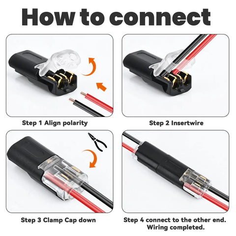 Instruction steps for 20Pcs Quick Connect Wire Connectors Set For LED Strip Lights Low Voltage No Stripping 2 Pin Solderless Plug.