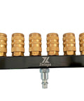 Six Way Air Manifold With One Quarter Inch NPT Quick Connect, Industrial Pneumatic Splitter on white background