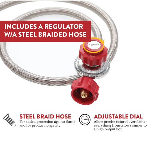 Propane Single Burner Camp Stove With High Temp Paint, Red Steel Braided Regulator, Heat Dial, And Height Adjustable Legs
