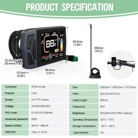 2.4 Inch TFT E-Bike Display for BAFANG CAN Bus Mid Motor EKD01 Screen With 5PIN Male Triangle Connector Plug-and-Play Ebike Conversion Kit Panel IPS Color LCD 0-9 PAS Levels Ride Data Battery Status Beginner Friendly