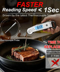 Ultra Fast Meat Thermometer Instant Read Under One Second With Plus Or Minus Half A Degree Fahrenheit, measuring steak in pan.