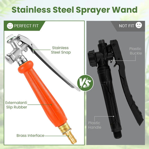 Comparison of a stainless steel sprayer wand with brass interface and rubber grip vs a black plastic sprayer handle.
