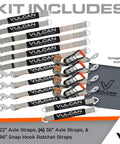 Complete Axle Strap Tie Down Kit With Snap Hook Ratchet Straps Silver Series Webbing displayed with included storage bag