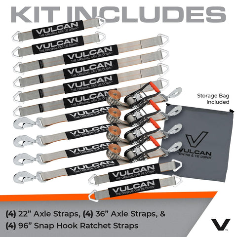 Complete Axle Strap Tie Down Kit With Snap Hook Ratchet Straps Silver Series Webbing displayed with included storage bag